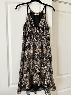 Altar'd State Black and Gold Floral Lace Mini Dress